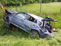 Auto vyjelo mimo  vozovku, převrátilo se přes střechu a poškodilo svodidla, dopravní značení i oplocení, řidič utrpěl zranění