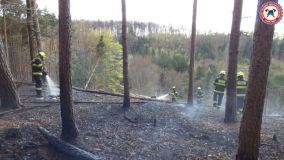Likvidace požáru lesa v prudkém svahu u obce Brdo byla pro hasiče náročná, museli si poradit bez techniky