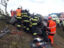 Obrazem: Auto vystřelilo ze silnice, narazilo do stromu a sklouzlo do příkopu, řidič byl v autě zaklíněný