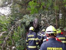 Obrazem včerejší nehoda na Hradubické: Muže museli ze zcela zdemolované kabiny vystříhat hasiči, při vyprošťování vozidla káceli stromy