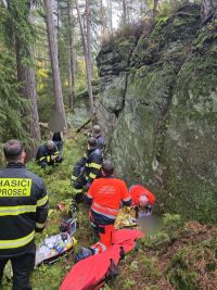 Muž spadl ze skály, měl silné bolesti zad. K sanitce ho nesli hasiči kus nepřístupným terénem