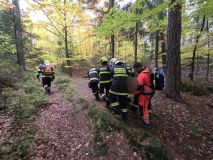 Muž spadl ze skály, měl silné bolesti zad. K sanitce ho nesli hasiči kus nepřístupným terénem