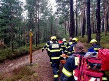 Obrazem: hasiči spolu se záchranáři zasahovali v lesním terénu, zraněného donesli k sanitce v nosítkách
