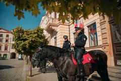 Prezident republiky Petr Pavel s manželkou navštívili pardubickou radnici. U vstupu do radnice ho vítali i starokladrubští vraníci