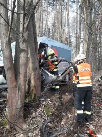 Obrazem: Řidič s dodávku vystřelil ze silnice až do lesíka a skončil zaklíněn v sromě. Hasiči ho museli z auta vyprošťovat