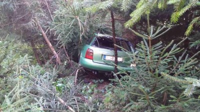 Auto vystřelilo ze silnice až do lesa